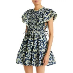 NWOT Sea New York Blue & Green Floral Smocked Ruffled Mini Dress XS